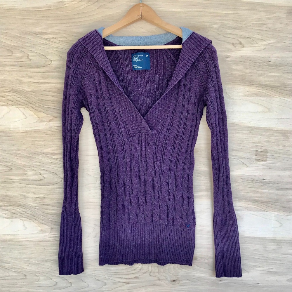 American Eagle Hooded V-Neck Sweater